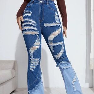 NEW! High Waist Ripped Distressed Flare Legs Color Block Denim Blue Jeans